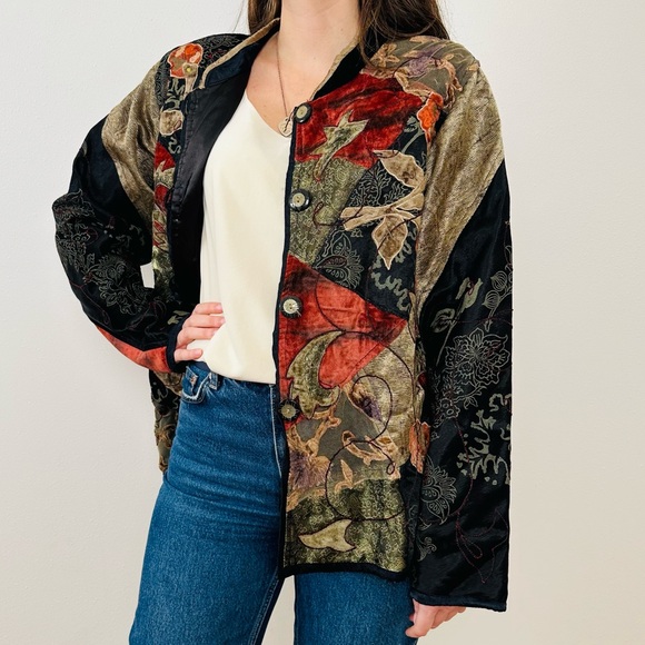Vintage 1990s Quilted Embroidered Patchwork Blazer Jacket Abstract Print - Picture 2 of 11